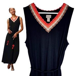 Chicos Dress Crochet Trim Tassel Belt Black Cotton Boho Maxi Dress